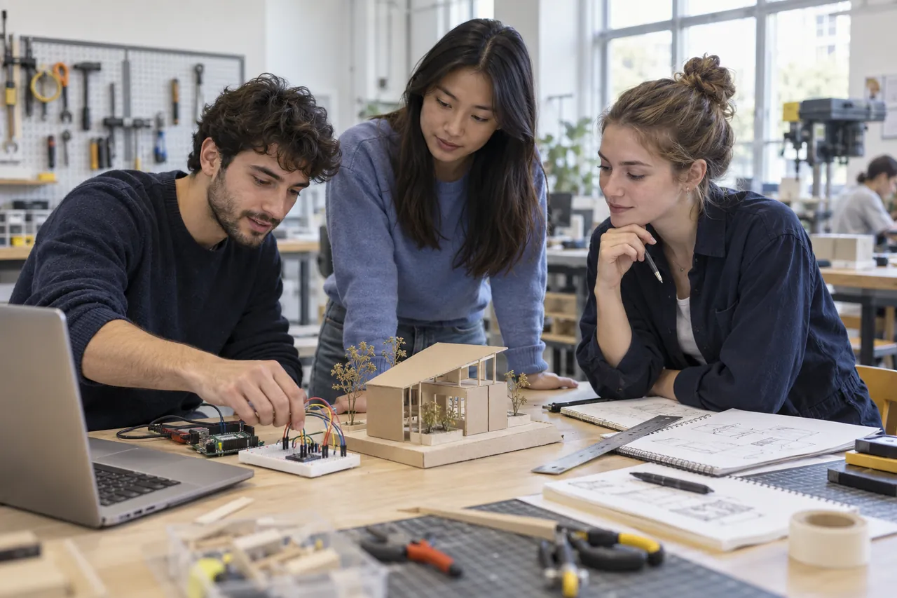 Illustration of university students discussing a tabletop project in a workshop